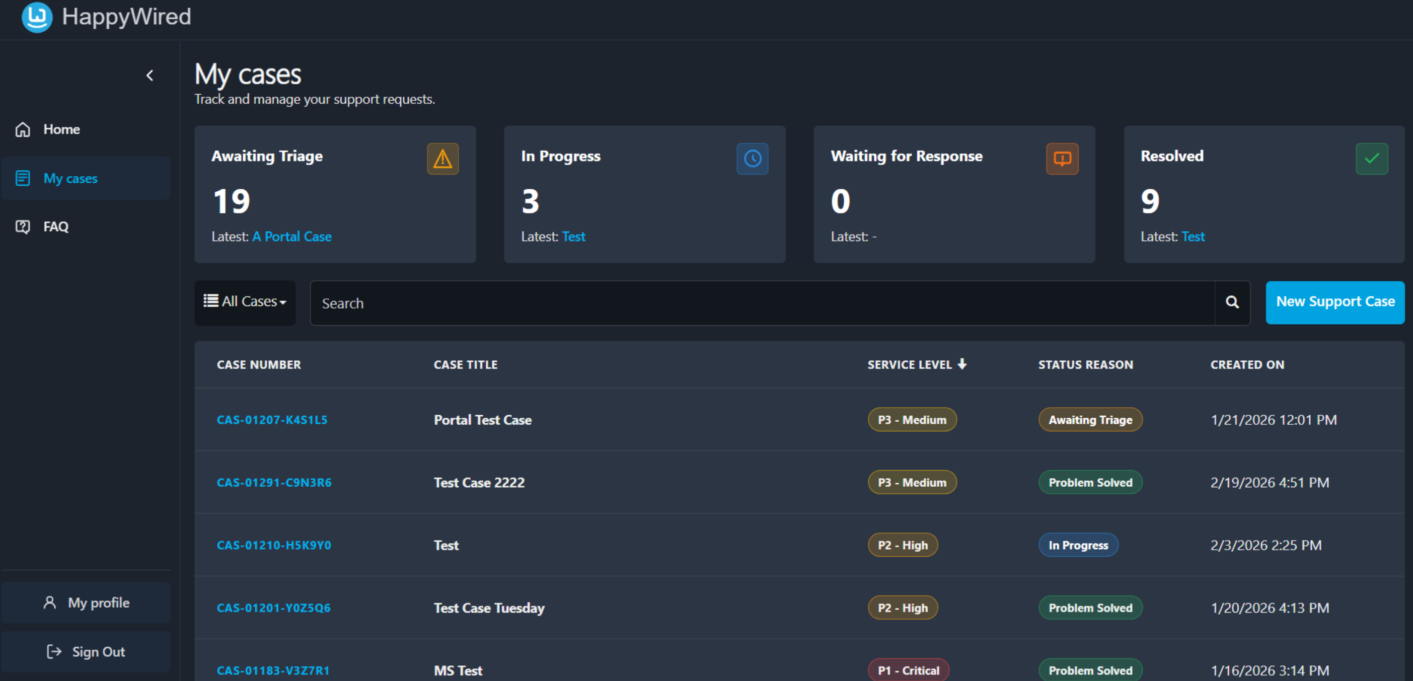 My Cases page screenshot
